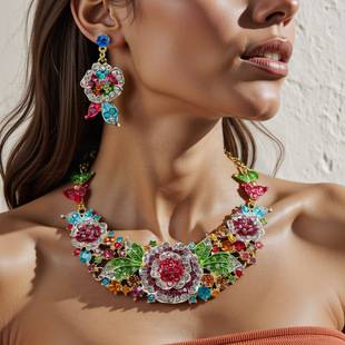Cross-Border Cross-Border Jewelry Rose Exaggerated Necklace Earrings Set Bridal Accessories Dinner Dress Decoration