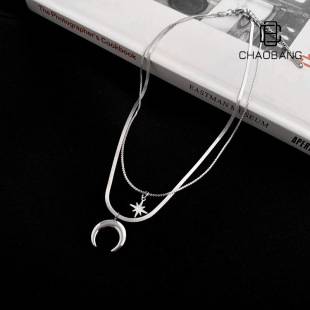 Mang Xing Moon Double Layer Titanium Steel Necklace Men's Simple Accessories Flat Snake Chain Niche Stacked Wear Design Sense European and American Style Jewelry