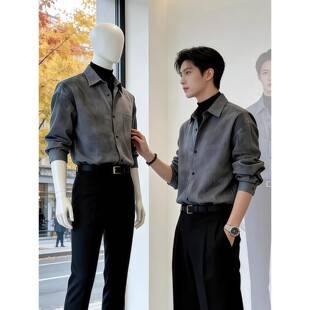 Smoky Gray Stylish Lapel Shirt for Men, Spring and Autumn Vintage Tie-Dye American Style Long-Sleeve Shirt, Old Money Style Men's Shirt