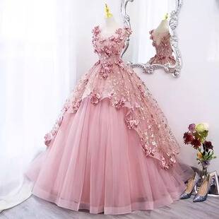 Foreign Trade European and American Style Pink Heavy-Duty Evening Dress with Floral Design, High-End Feel, Suitable for Banquets and Coming-Of-Age Ceremonies, Fairy-Like Princess Dress