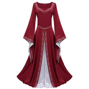 Court Party Bell-Sleeve Retro Medieval European Long Dress for Women Performance Color-Blocking Gown Dress