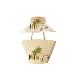 Sun Protection Surfboard Print Straw Hat and Straw Bag Set, Casual Travel Handbag and Crossbody Tote Bag
