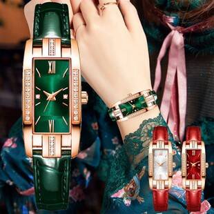 Tiktok Influencer Live Streaming Promotional Small Green Watch with Diamond-Studded Small Square Women's Watch Retro Fashion Women's Wristwatch