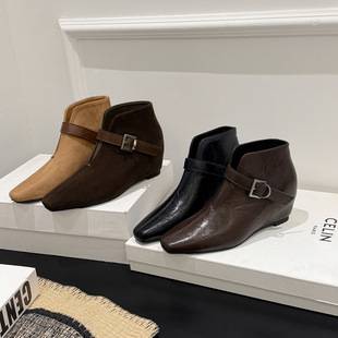 9cm Height-Increasing Retro Buckle Fashion Short Boots for Women, 2026 Autumn and Winter New British Style Versatile Slimming Commuter Ankle Boots