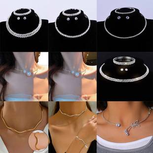 Foreign trade full diamond collar, European and American cross-border bridal rhinestone elastic bracelet, cubic zirconia earrings, and necklace three-piece set