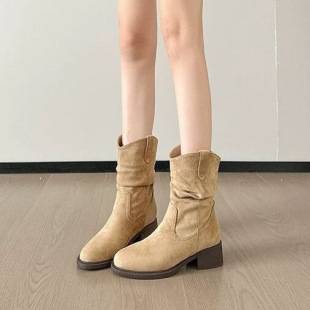 Women's Short Boots with Chunky Heels, Mid-Calf Stacked Boots, New Summer 2025 Style, Autumn Melard Western Cowboy Martin Boots