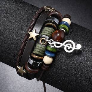 Cross-Border New Jewelry Multi-Layer Beaded Leather Bracelet with Musical Note Pendant, Music Festival Accessories, Hand-Woven