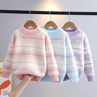 Girls' Sweater Autumn and Winter New Fashionable Baby fleece-lined Top Autumn Children's Middle and Big Children's Knitted Base Shirt Trendy