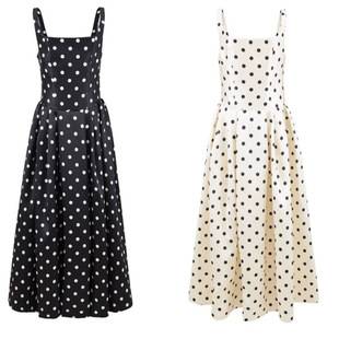 New Foreign Trade French Retro Hepburn-Style Square-Neck Elegant Waist-Cinching Polka Dot Strap Fashion High-End Dress