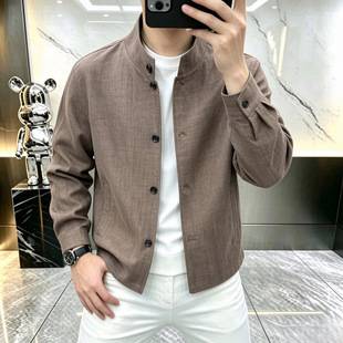 High-end men's spring and autumn faux-linen new Chinese-style stand-collar jacket, vintage trendy casual versatile workwear coat