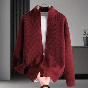 New 2026 autumn/winter men's fashion stand-collar sweater, solid-color cardigan, casual and trendy knitwear outerwear
