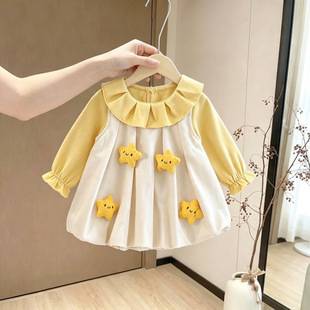 Baby girl's faux two-piece dress 2026 spring and autumn cute stylish top with tulip skirt, fashionable long-sleeved baby clothes