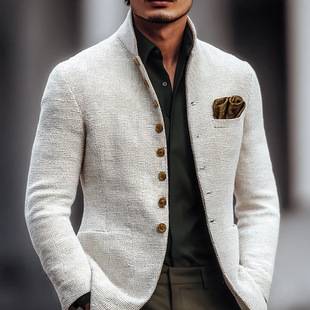 In-stock European and American men's casual stand-up collar jacket, slim-fit button pocket long-sleeve blazer for men