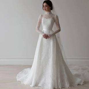 Amazon Cross-Border High-End Bridal Wedding Dress with Long Sleeves, Sequins, and a Luxurious Lace Small Train, Slim-Fit Gown