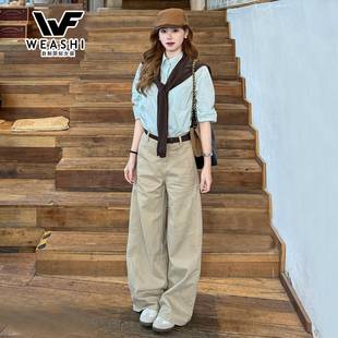 High-waisted curved hem jeans for women, summer and spring style, loose-fitting wide-leg slimming khaki jeans for women