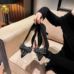 2023 autumn and winter New Black Widow bow high heels women's sexy pointed stiletto low-cut all-match rhinestone shoes