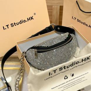 Aw Bag 2024 Rhinestone Bag Waist Bag Chain Studded Chest Bag Diamond Shoulder Crossbody Bag Simple Urban Style