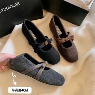 In Stock~ Internet Celebrity Style Camellia Bow Gold Buckle Hidden Heel Plush Wool Mary Jane Shoes for Women with Shallow Toe
