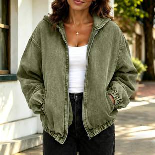 Amazon's new autumn and winter loose casual jacket with zipper, European and American cross-border in-stock hooded denim jacket for women