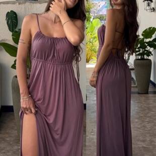 Cross-border foreign trade summer plus-size drawstring loose-fitting suspender dress, casual style, solid color, long length, Southeast Asia, Europe, and America