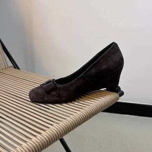 Sheepskin Version~Retro Versatile Suede Bow-Knot Round-Toe Shallow Wedge Heels Women's Shoes for Spring 2026 Commuting Shoes