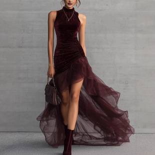 European and American cross-border velvet high-neck sleeveless evening dress, pleated slim-fit irregular hem tulle train dress