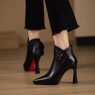 10CM Black Super High Heels Thick Heel Pointed Platform Short Boots Women Belt Buckle Sexy Little Martin Boots