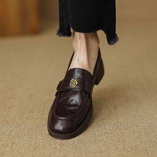 Black Lambskin Camellia Loafers 2025 Spring and Autumn Slip-On Thick-Soled Women's Genuine Leather Loafers