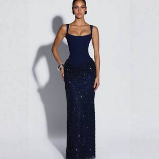 Cross-border 2026 new European and American women's elegant square-neck fishbone corset dress with sequins and a fitted silhouette