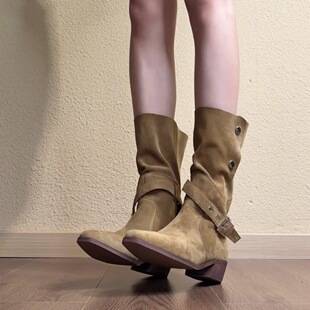In-stock, instant delivery: Vintage suede wasteland style pointed toe chunky heel mid-heel boots for women, slimming western cowboy riding boots for autumn and winter