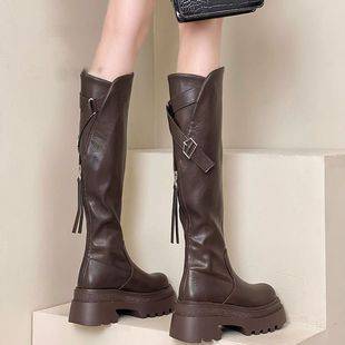 Knights Boots Thick Bottom 2024 Autumn and Winter New Rear Zipper High Barrel But Knee Small Stretch Long Boots Children