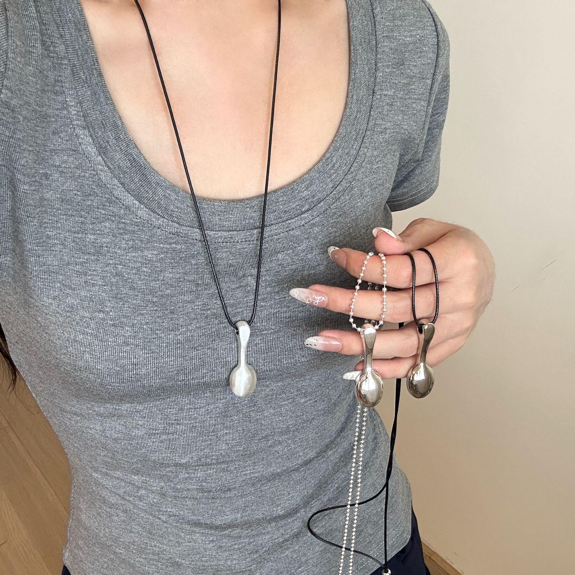 2026 New Silver Spoon Pendant Necklace for Women, Niche Design, Elegant Adjustable Black Leather Cord Long Sweater Chain