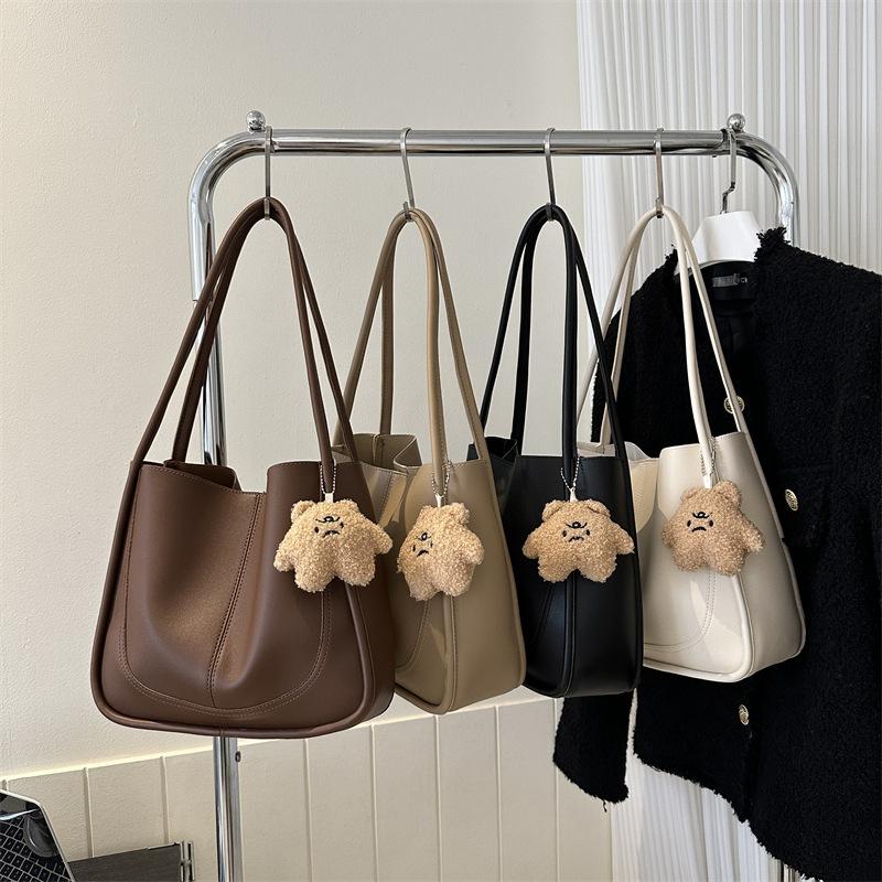 Bag Women's High-Quality Pure Color Stitching Pu Simple Retro Large-Capacity Commuter Satchel Shoulder Bag Armpit Tote Bag
