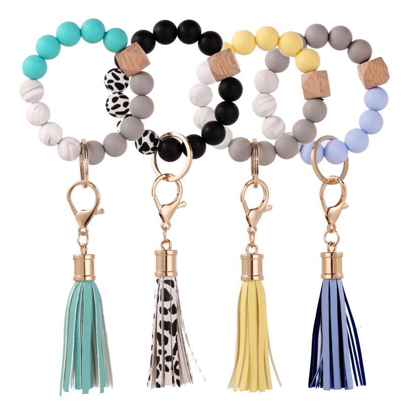 Amazon Silicone Bead Bracelet New Style Wooden Bead Bracelet Keychain Pendant Anti-Loss Wristband Key Ring Stackable Wear