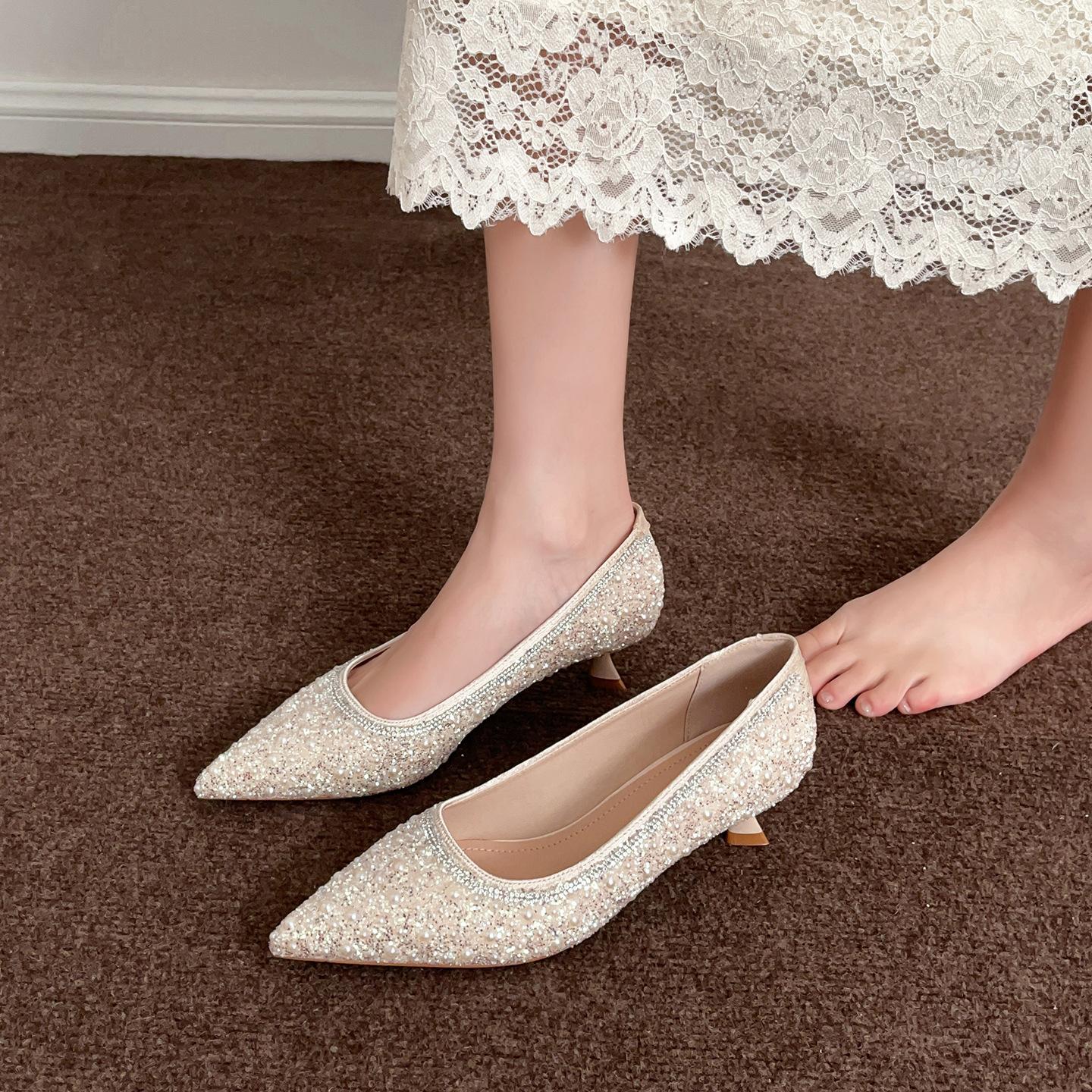 756-28 New Pointed-Toe Crystal Pearl Full-Diamond High-Heeled Shoes for Women That Are Not Tiring for Feet, Stiletto Shoes, Daily Wedding Shoes