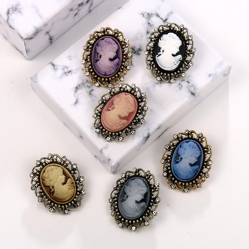 European and American Foreign Trade Cameo Brooch Beauty Head Corsage Alloy Rhinestone Clothing Pin Accessories Women's Chest Ornament Collar Accessory