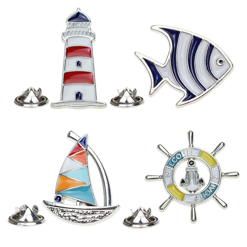 Creative New Product Sailing Lighthouse Rudder Cartoon Brooch in Stock Navy Style Cartoon Tropical Fish Metal Brooch