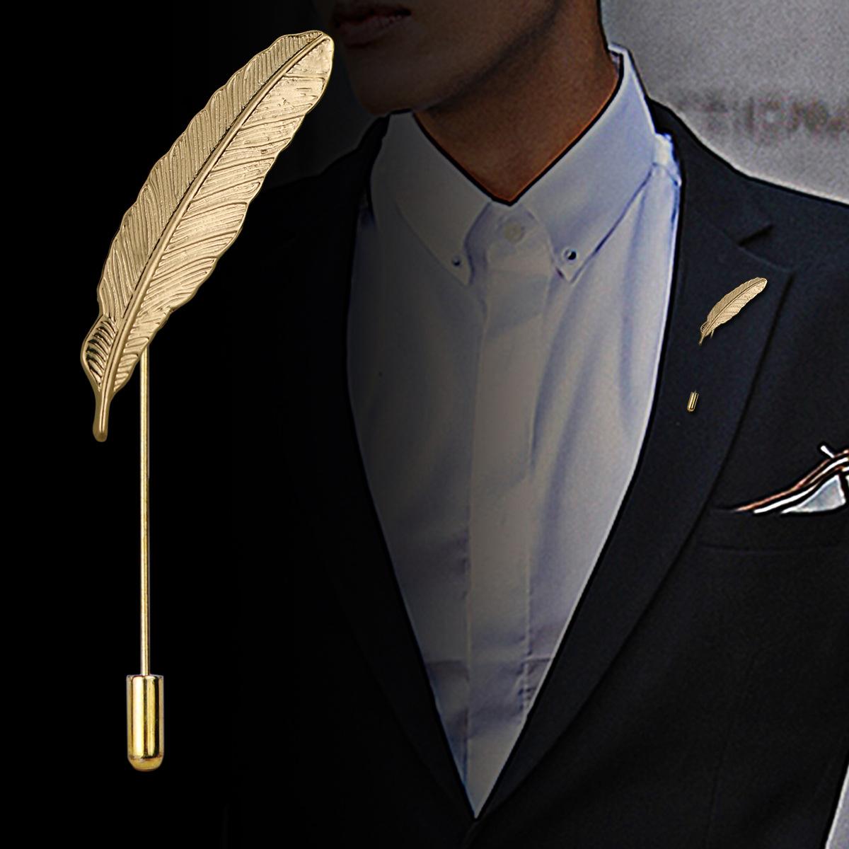 European and American personality men's feather brooch college style corsage business suit leaf pin factory outlet