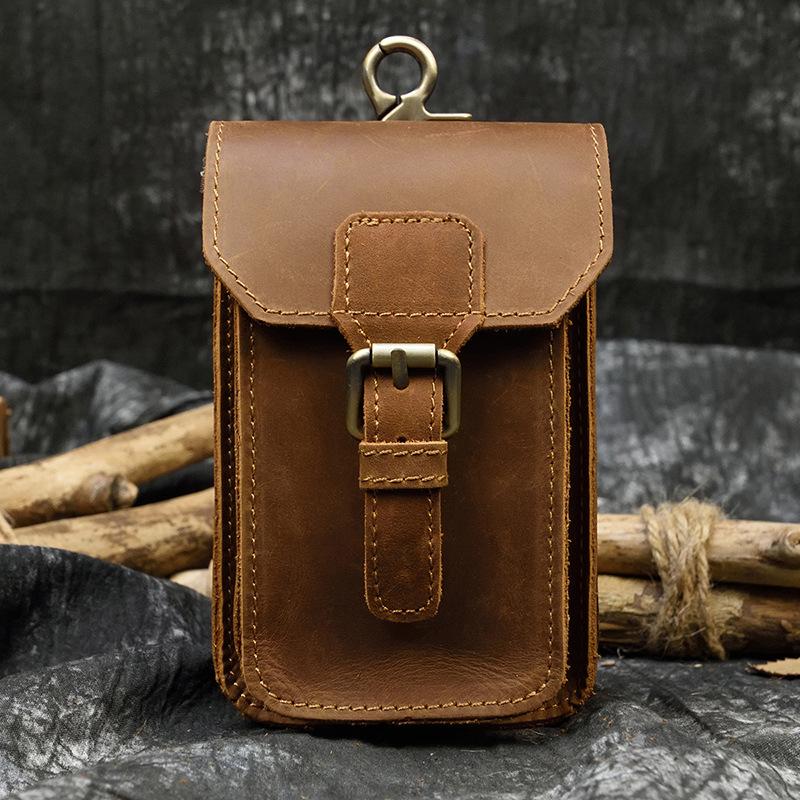 European and American Men's Genuine Leather Waist Bag Crazy Horse Leather Men's Wear Belt Hanging Bag Genuine Leather Mobile Phone Bag 2087