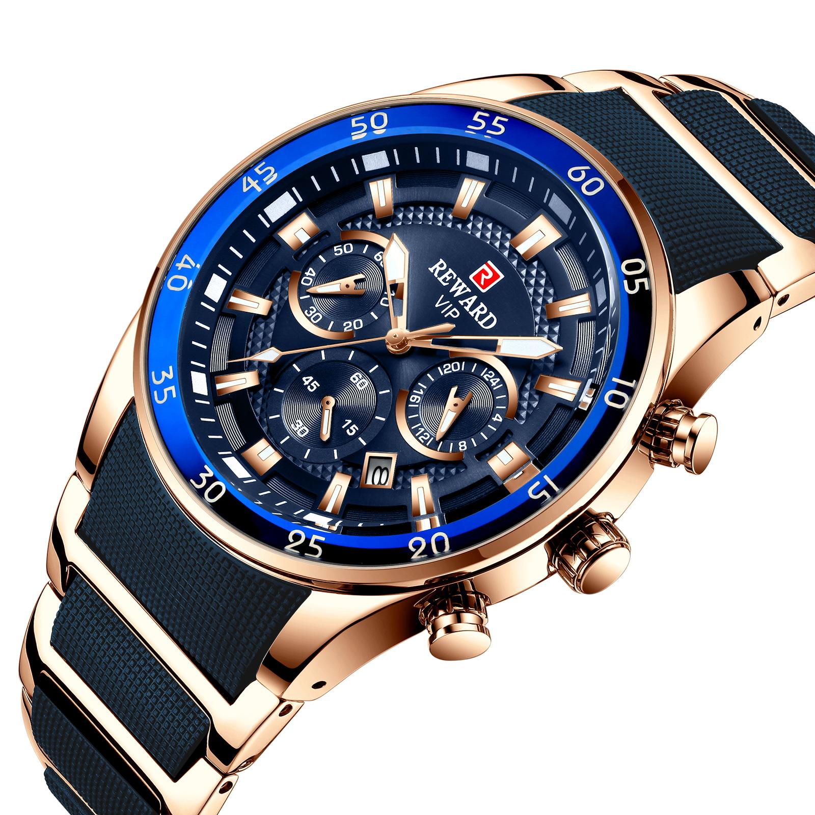 Reward81011 Men's Watch Multi-Functional Sports Three-Eye Watch Calendar Waterproof Solid Steel Band Men's Watch