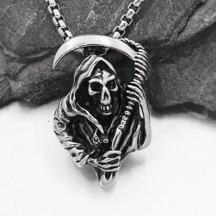2026 Japanese and Korean Skull Grim Reaper Sickle Pendant Necklace, Bold and Unique Titanium Steel Punk Trendy Men's Pendant with Stainless Steel Chain