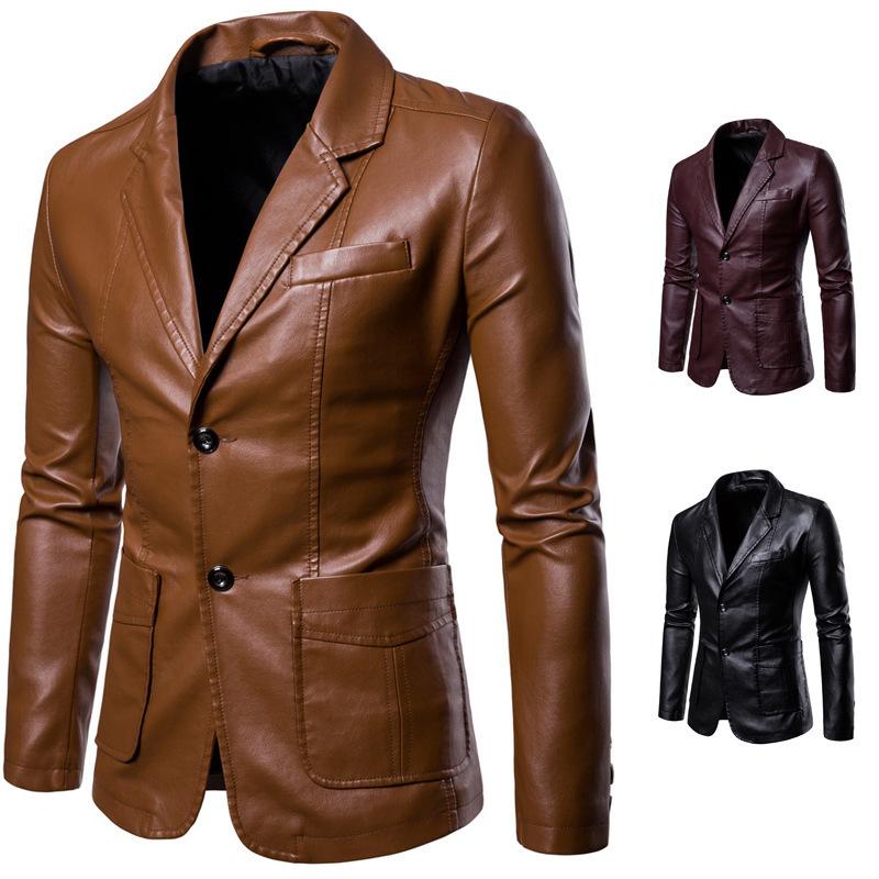 Cross-border Wish men's slim-fit lapel versatile PU blazer men's lapel leather jacket one-piece drop shipping