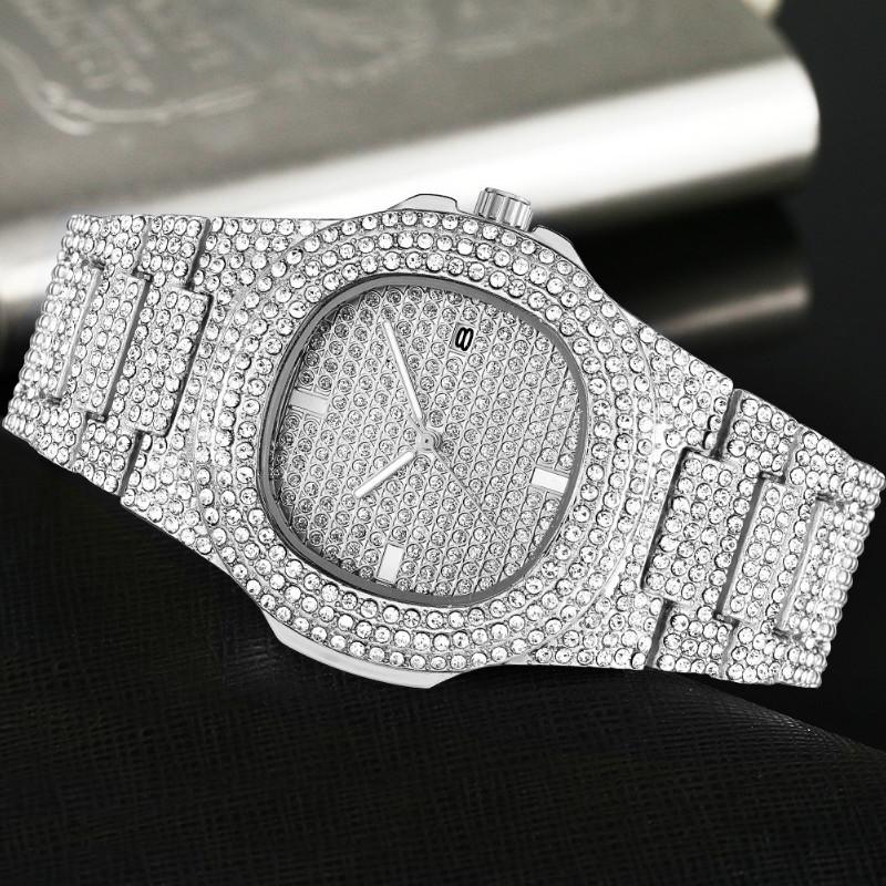 hiphop Super Cool Hip Hop Diamond Watch Rap Men's Quartz Strap Calendar Gypsophila Steel Strap Full Diamond Watch Wholesale