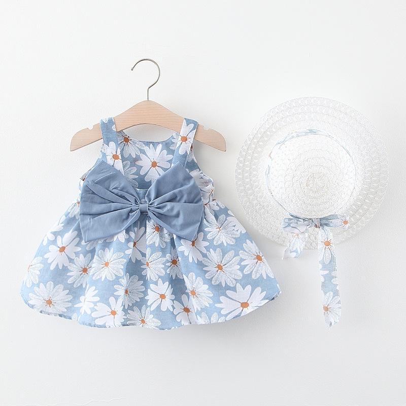A749 Summer New Baby Girl Vest Dress Princess Dress 1234 Years Old Chest Big Bow Flower Dress with Hat
