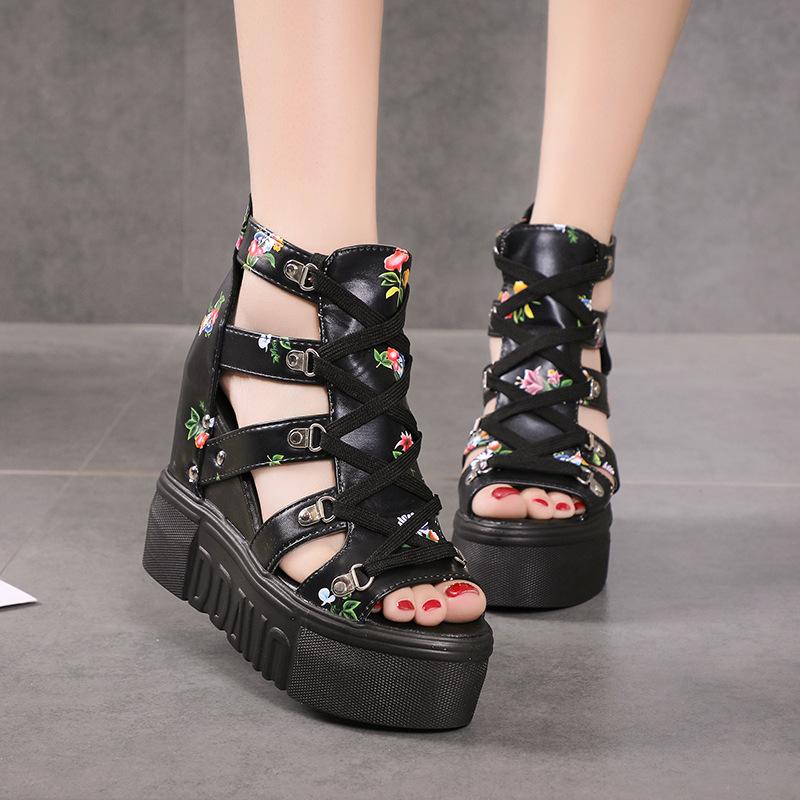 2025 New Summer Roman Sandals High Heels Color Matching Cross Strap Women's Shoes 12cm Heel Wedge Heel Fish Mouth Shoes