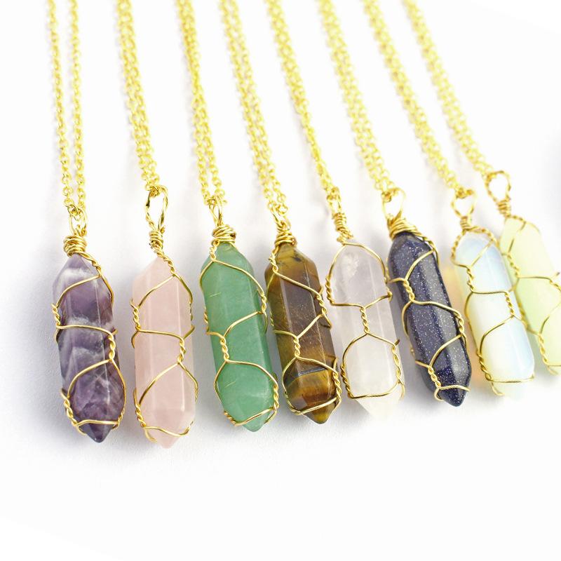 Foreign trade explosions around the silk hexagonal column pendant natural stone crystal necklace hand-wound bullet jewelry wholesale