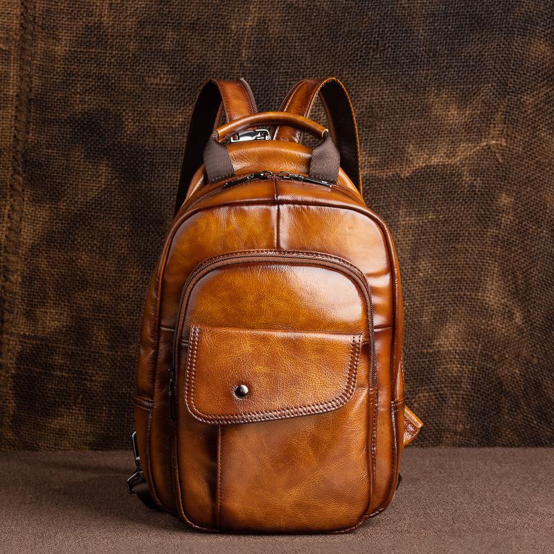 Men's Backpack First-Layer Cowhide Backpack Men's Travel Multi-Functional Multi-Compartment Large-Capacity High-End Soft Leather Chest Bag for Men