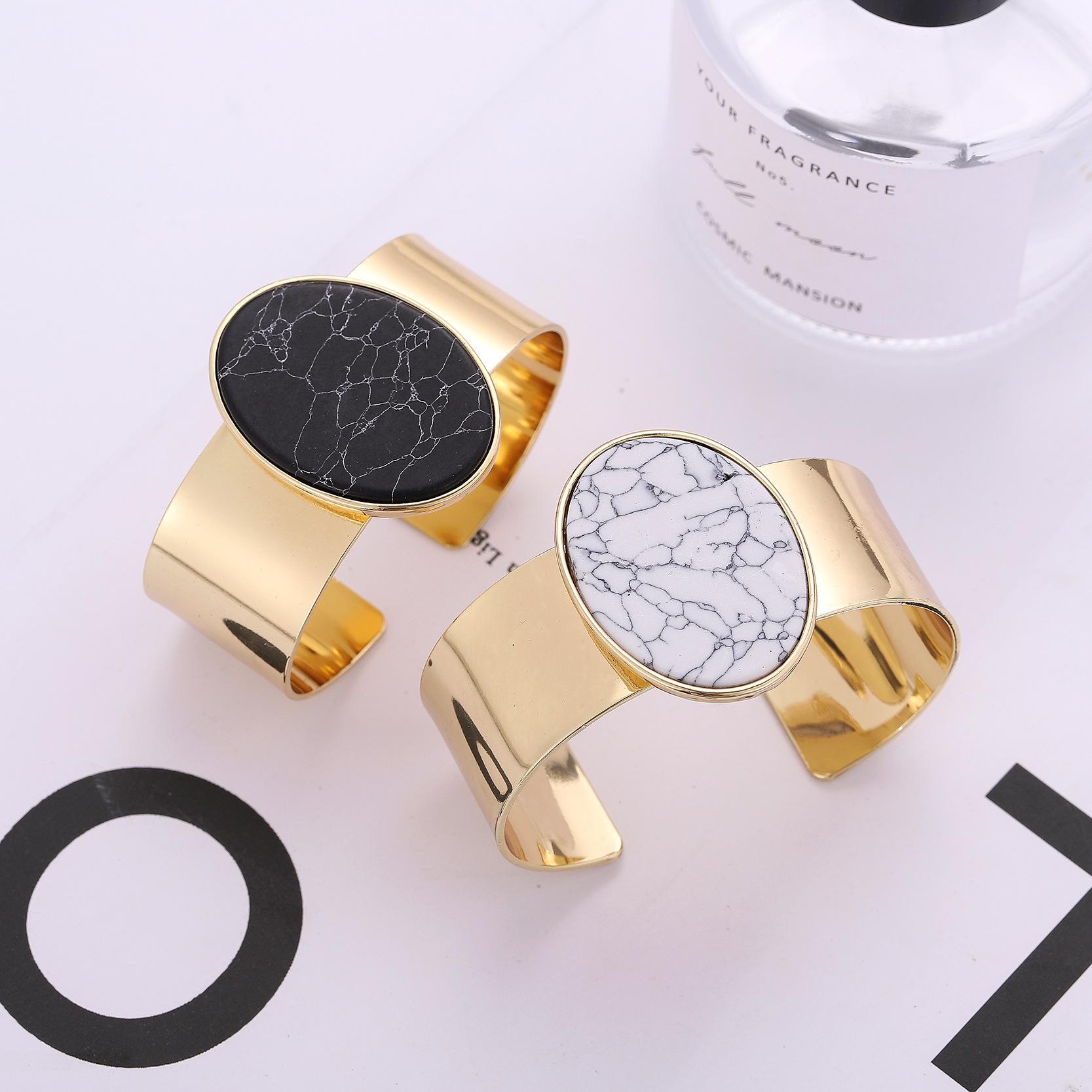 European and American temperament personality wide metal bracelet creative niche oval marble pattern bracelet hip hop street racket bracelet