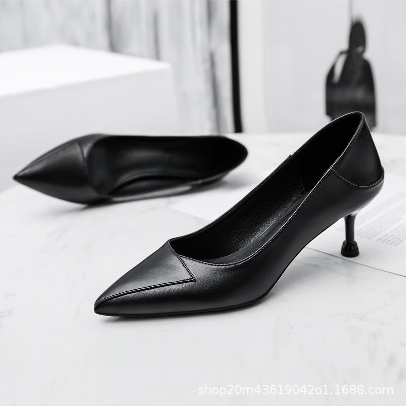 Black High-Heeled Shoes for Business Women 2025 New Style Single Shoes Comfortable Soft Leather Soft Sole Pointed Toe Stiletto Breathable
