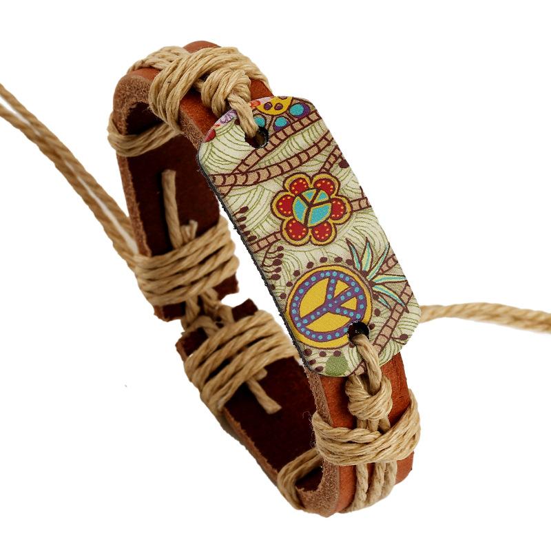 European and American fashion jewelry hemp rope woven cowhide bracelet retro style hot stamping peace logo leather bracelet a generation of hair